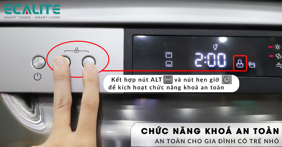 Máy rửa chén Ecalite EDW-SMS6015AS có chức năng khoá an toàn tiện lợi