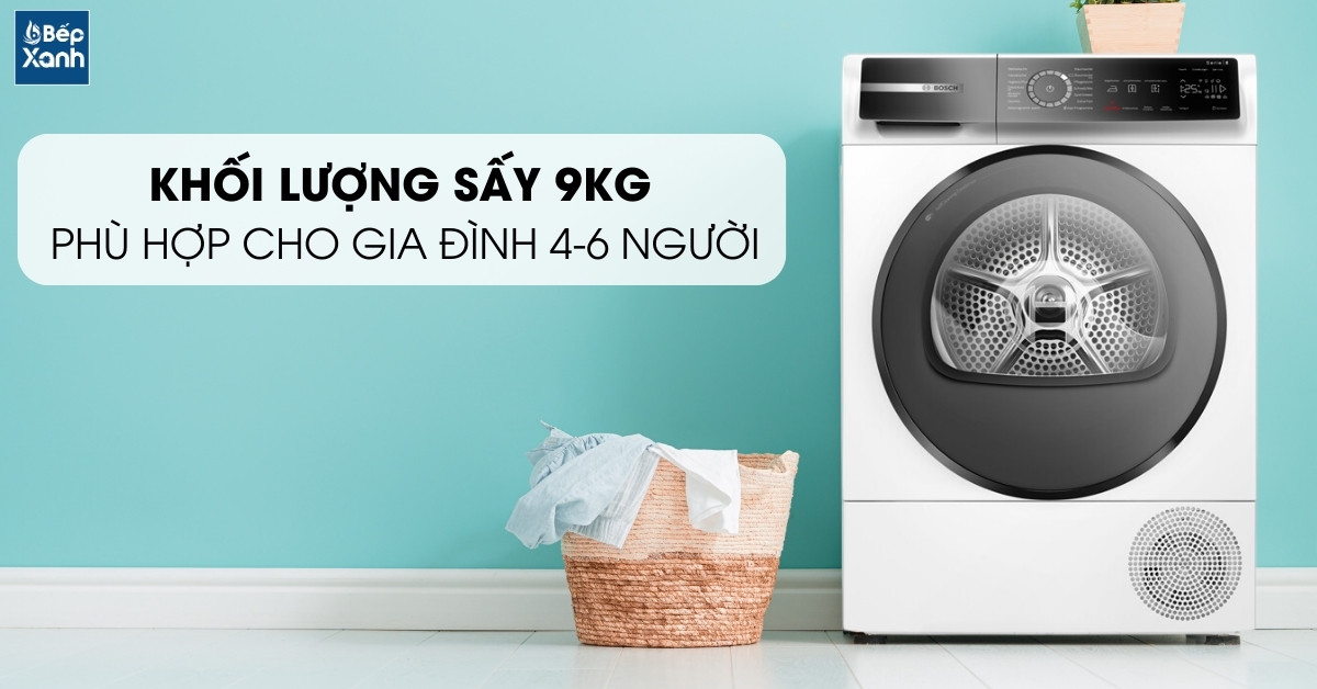 Khối lượng sấy 9kg giúp sấy được nhiều loại quần áo cho gia đình