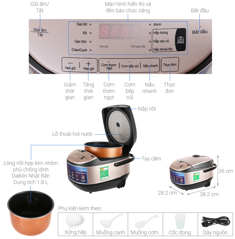 Thông số kỹ thuật Nồi cơm điện tử Midea MB-FS5021 1.8 lít