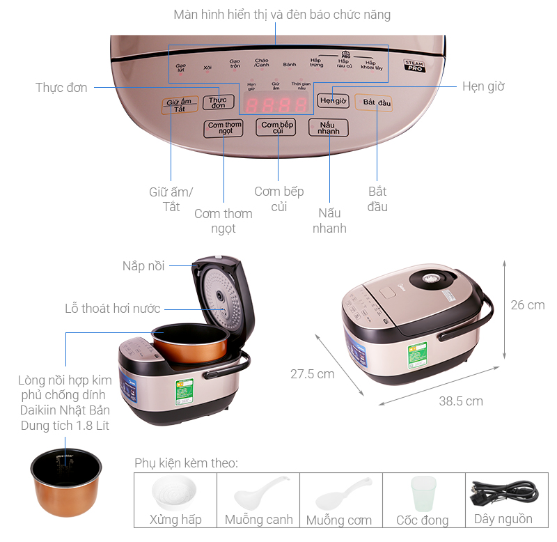 Thông số kỹ thuật Nồi cơm điện tử Midea MB-FS5023 1.8 lít