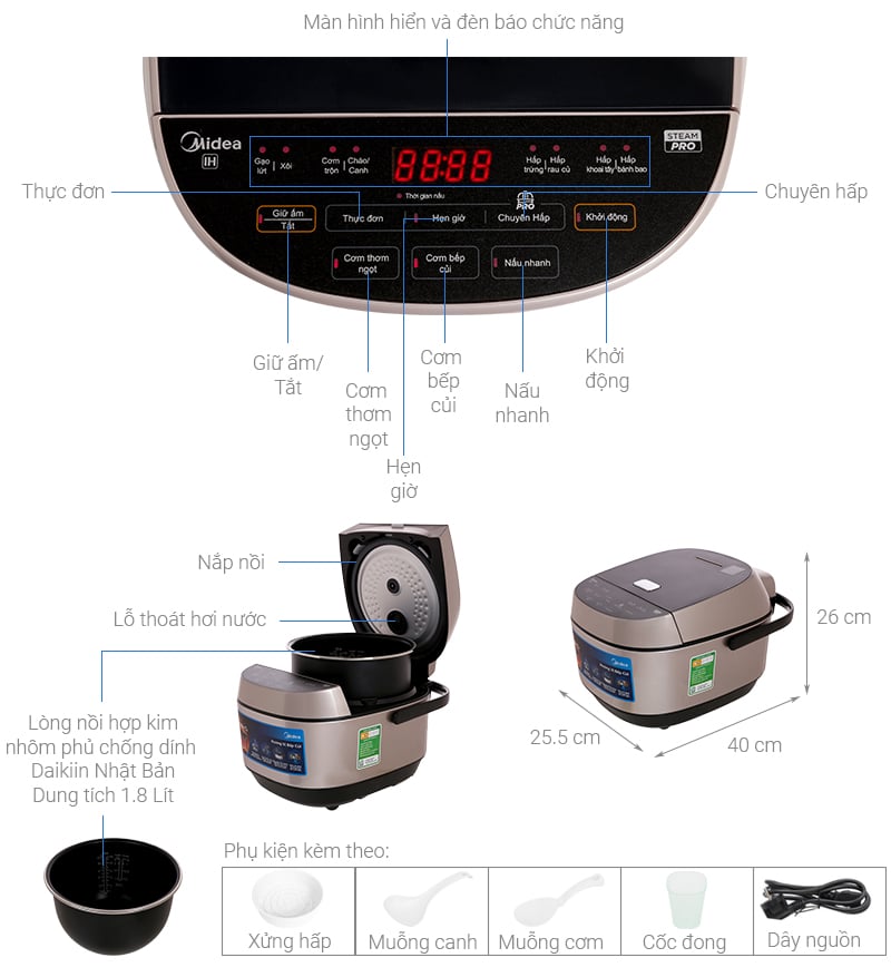 Thông số kỹ thuật Nồi cơm cao tần Midea MB-HS5008 1.8 lít