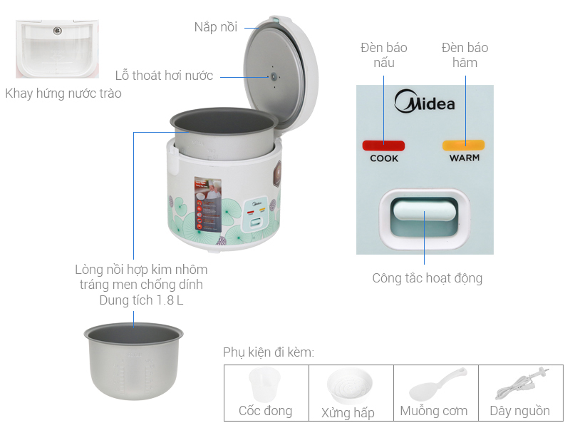 Thông số kỹ thuật Nồi cơm điện Midea 1.8 lít MR CM1823