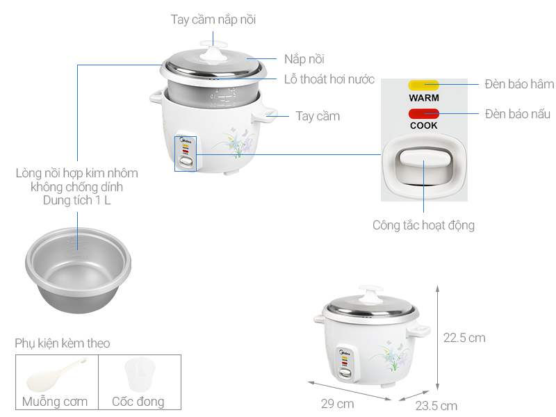 Thông số kỹ thuật Nồi cơm điện Midea 1 lít MR-GM10SA