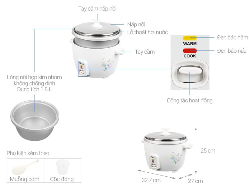 Thông số kỹ thuật Nồi cơm điện Midea 1.8 lít MR-GM18SA