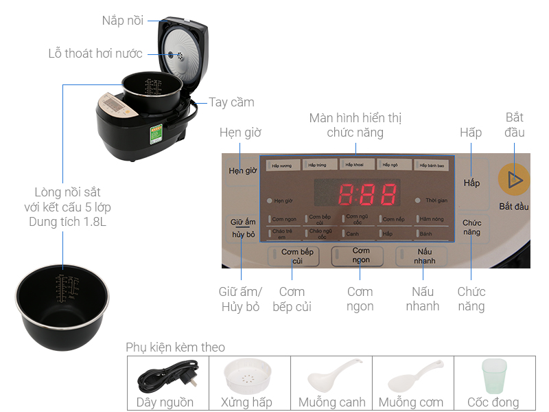 Thông số kỹ thuật Nồi cơm điện cao tần Midea 1.8 lít MB-HS5007