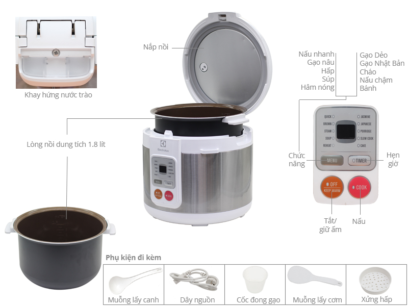 Thông số kỹ thuật Nồi cơm điện tử Electrolux 1.8 lít ERC3505