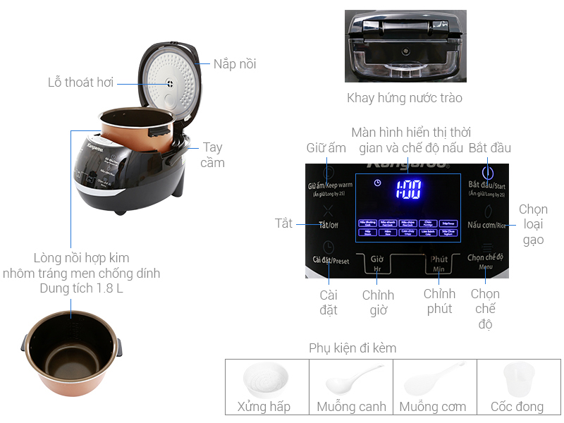 Thông số kỹ thuật Nồi cơm điện tử 1.8 lít Kangaroo KG595