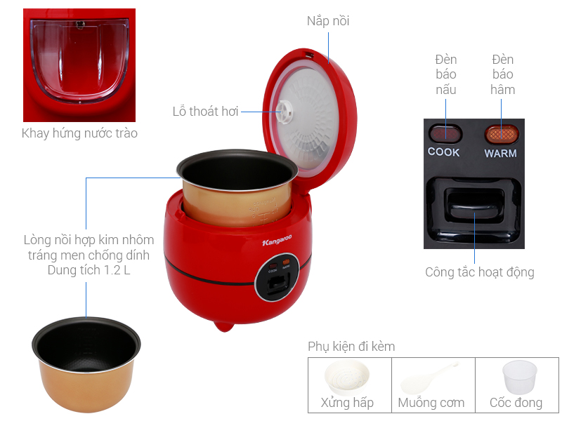 Thông số kỹ thuật Nồi cơm điện Kangaroo 1.2 lít KG822 đỏ