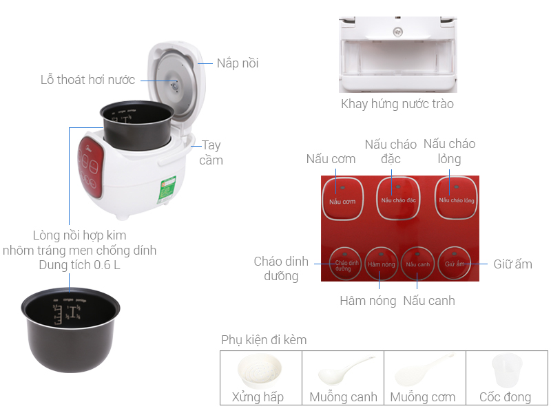 Thông số kỹ thuật Nồi cơm điện tử Midea 0.6 lít MB-FS1617
