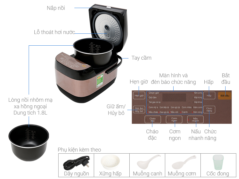 Thông số kỹ thuật Nồi cơm điện tử Midea 1.8 lít MB-FS5006