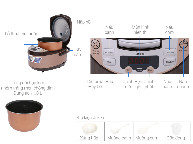 Thông số kỹ thuật Nồi cơm điện tử Midea 1.8 lít MB-FS5017