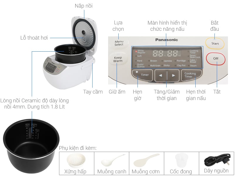 Thông số kỹ thuật Nồi cơm điện tử Panasonic 1.8 lít SR-CX188SRA