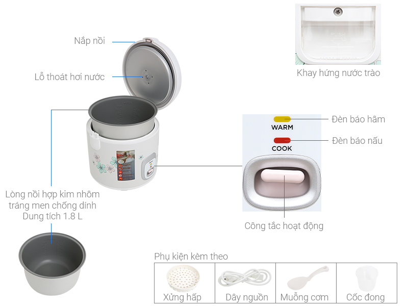 Thông số kỹ thuật Nồi cơm nắp gài 1.8 lít Midea MR-CM1825