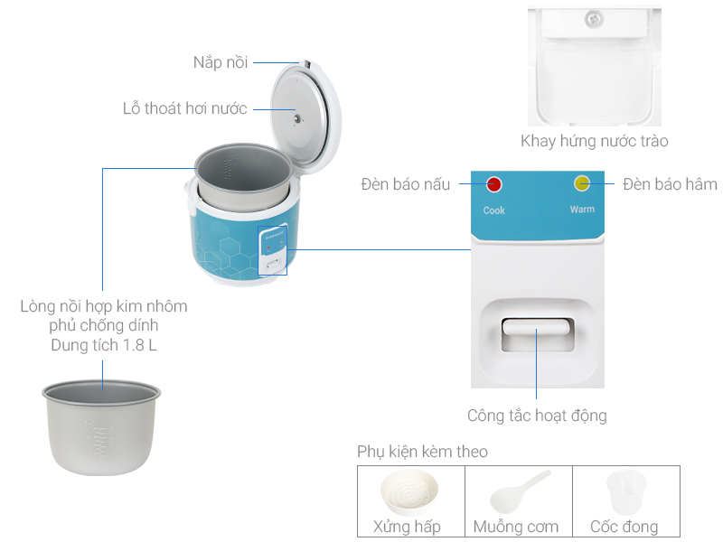 Thông số kỹ thuật Nồi cơm nắp gài Sunhouse 1.8 lít SHD8622G