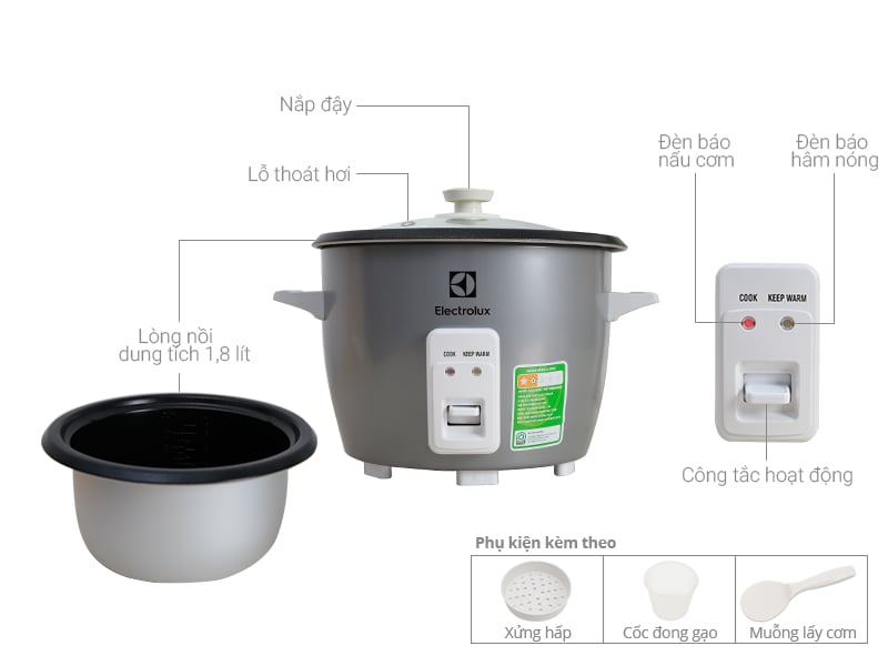 Thông số kỹ thuật Nồi cơm điện Electrolux 1.8 lít ERC1800