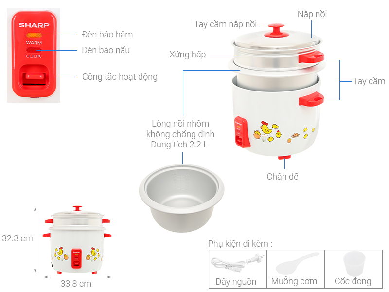 Thông số kỹ thuật Nồi cơm điện nắp rời Sharp 2.2 lít KSH-D22SV-CH