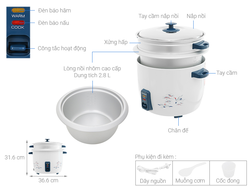 Thông số kỹ thuật Nồi cơm điện nắp rời Sharp 2.8 lít KSH-D28SV-CR