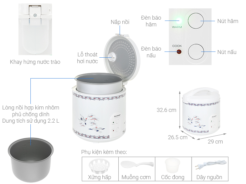 Thông số kỹ thuật Nồi cơm nắp gài Sharp KS-223TJV-CR 2.2 lít