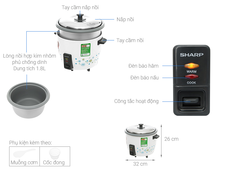 Thông số kỹ thuật Nồi cơm nắp rời Sharp KSH-218SNV-SF 1.8 lít