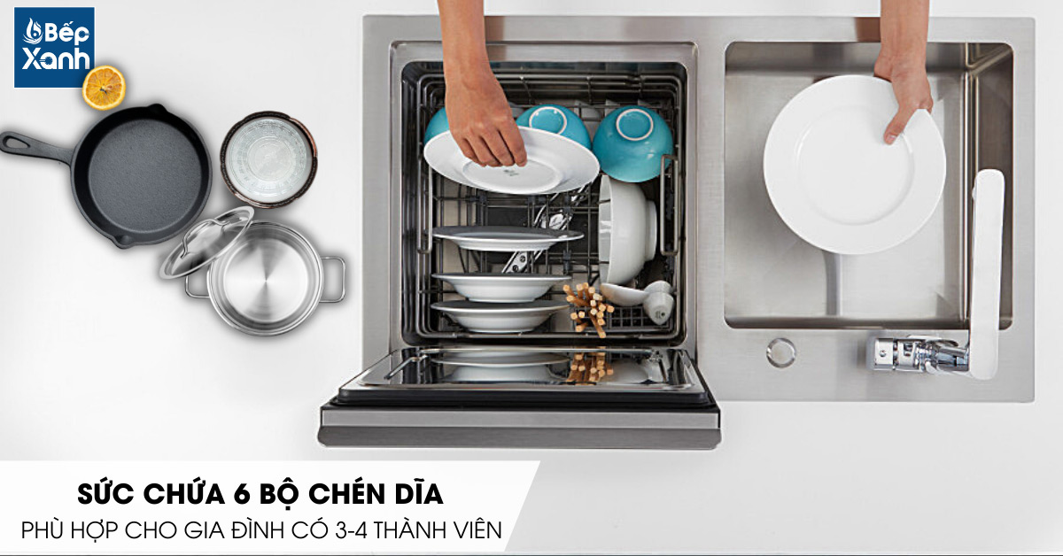 Sức chứa 6 bộ chén dĩa ủa máy rửa chén tích hợp chậu rửa WQP6-890F3