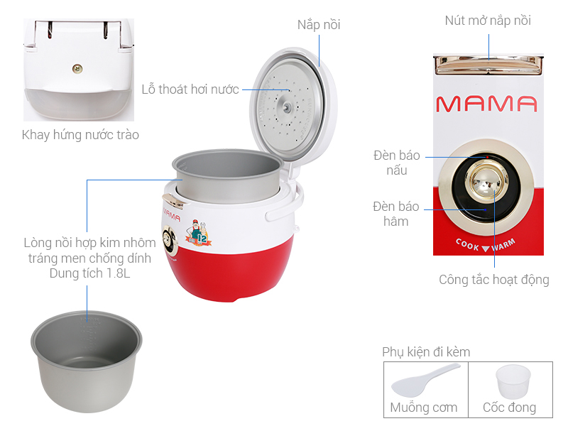 Thông số kỹ thuật Nồi cơm điện Sunhouse Mama 1.8 lít SHD 8661