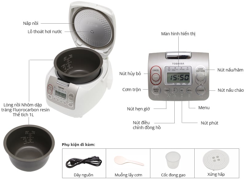 Thông số kỹ thuật Nồi cơm điện tử Toshiba 1 lít RC-10NMFVN(WT)