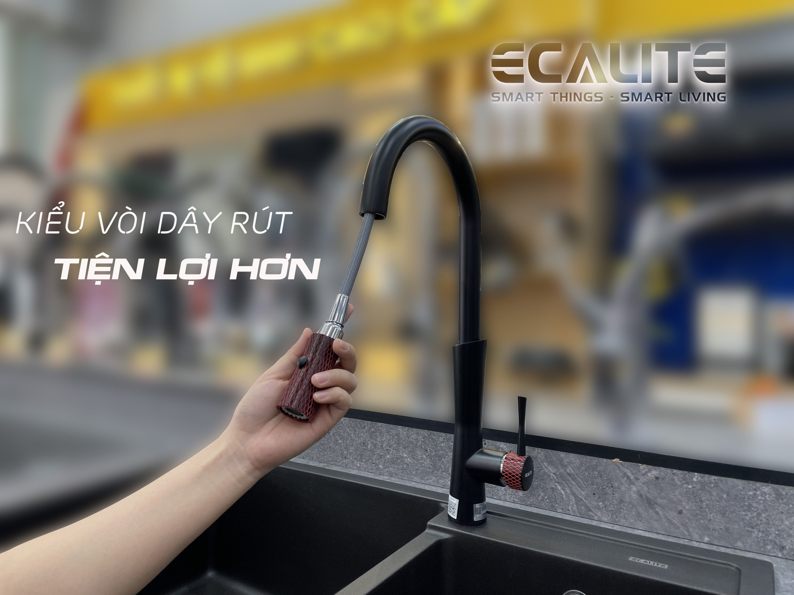 Vòi rửa chén nóng lạnh dây rút E-Signature Ecalite EF-N2023B dây rút tiện lợi