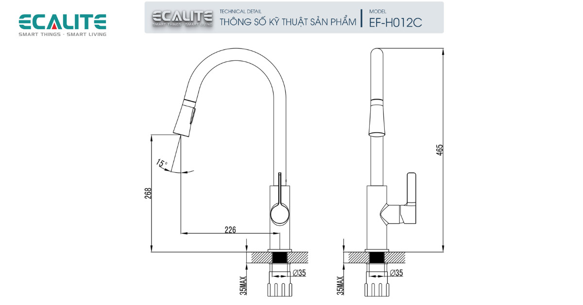 Thông số kỹ thuật của vòi rửa chén Ecalite EF-H012C Thông số kỹ thuật của vòi rửa chén Ecalite EF-H012C