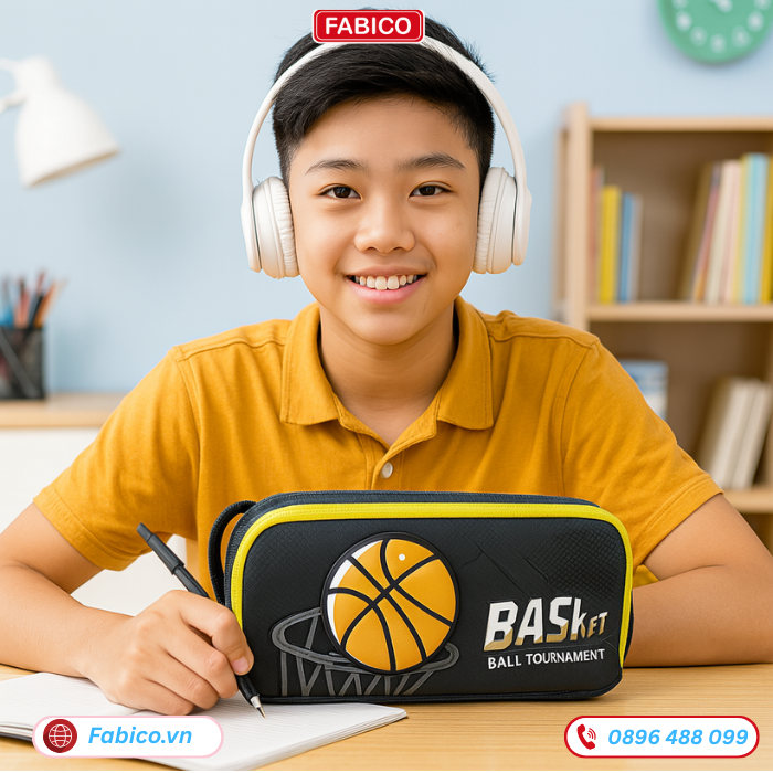 Hộp bút to ba ngăn, mặt in 3D bóng rổ