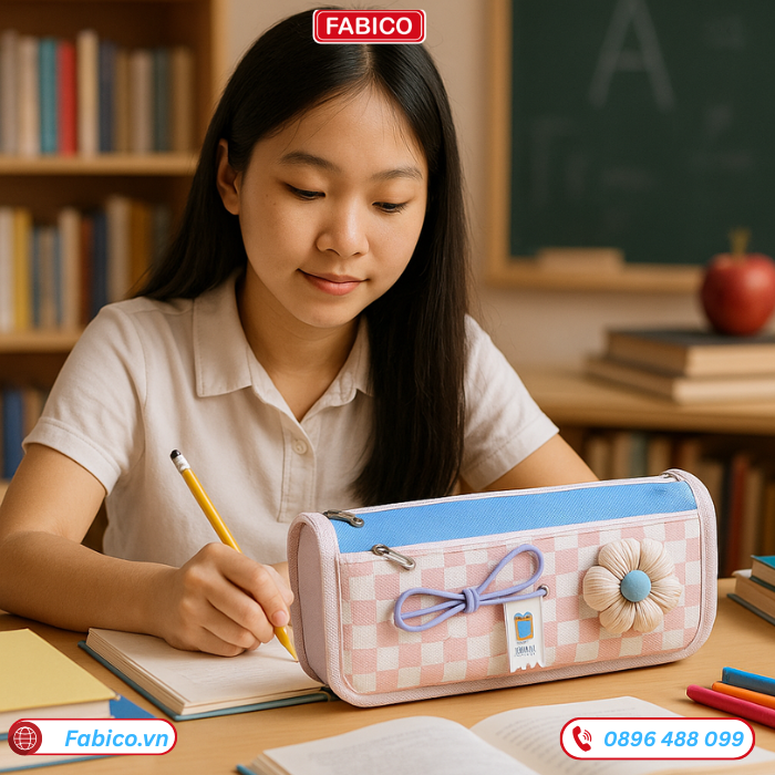 Hộp bút vải caro phối hoa 3D
