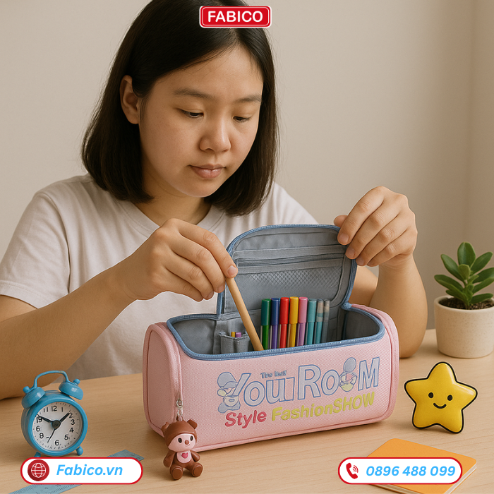 Hộp bút vải canvas phối pastel, kèm móc khóa phi hành gia
