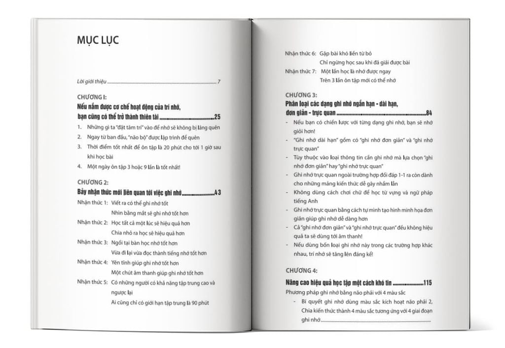 Mục lục của cuốn sách Nâng tầm tư duy với phương pháp ghi nhớ 1 phút