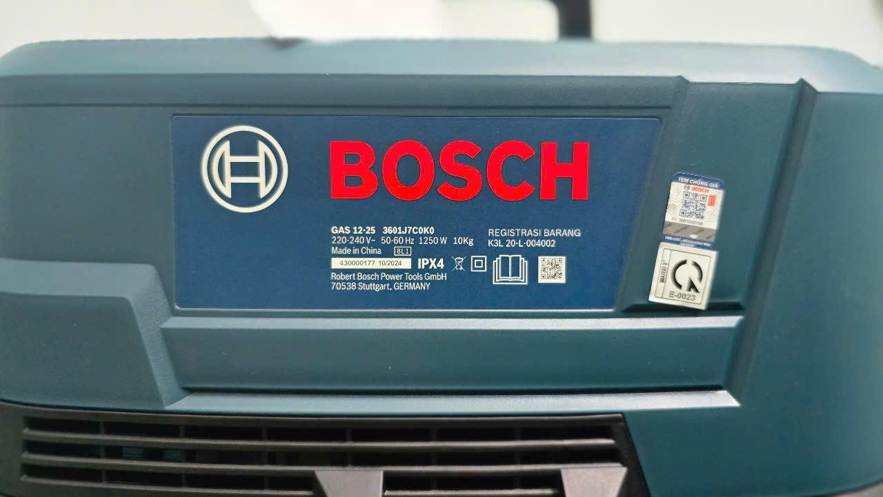 Thẻ/bảng thông số kỹ thuật Bosch GAS 12-25 — dung tích bình 26L, lọc H13, hút khô & ướt
