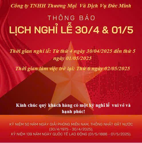 THÔNG BÁO LỊCH NGHỈ LỄ 30/04 VÀ 01/05