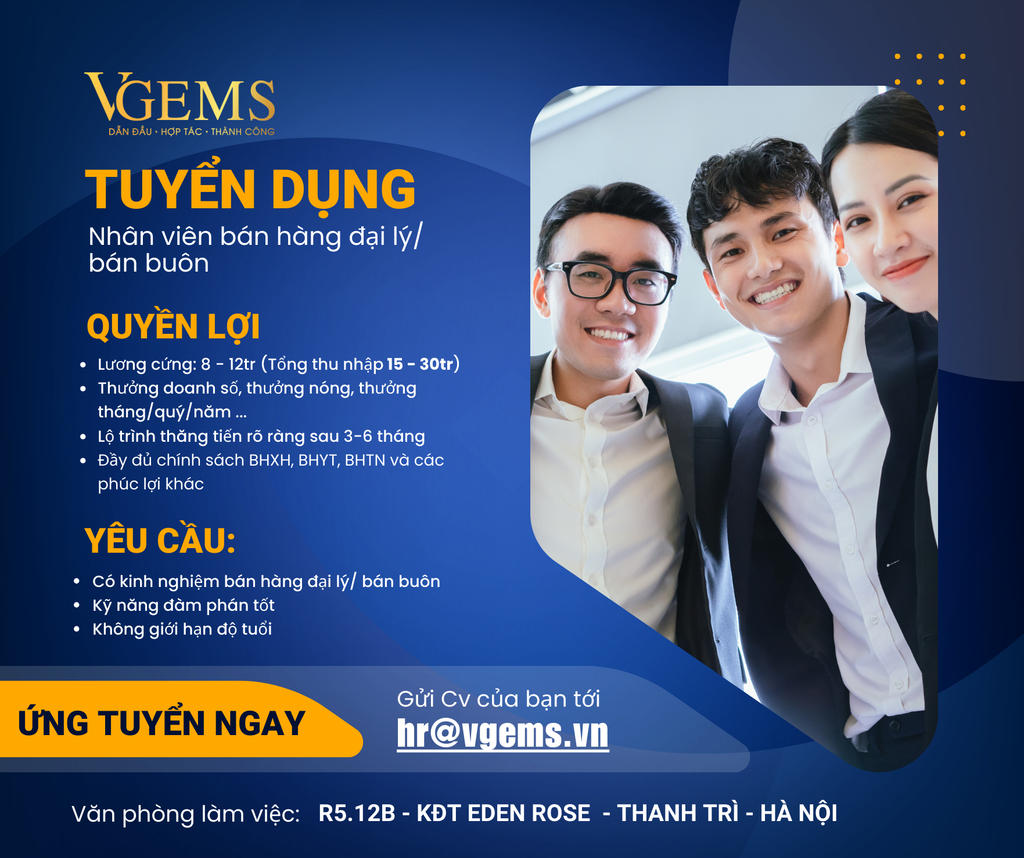 TUYỂN DỤNG NHÂN VIÊN BÁN HÀNG ĐẠI LÝ/BÁN BUÔN
