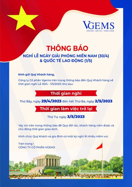 THÔNG BÁO LỊCH NGHỈ LỄ 30/04 – 01/05/2023