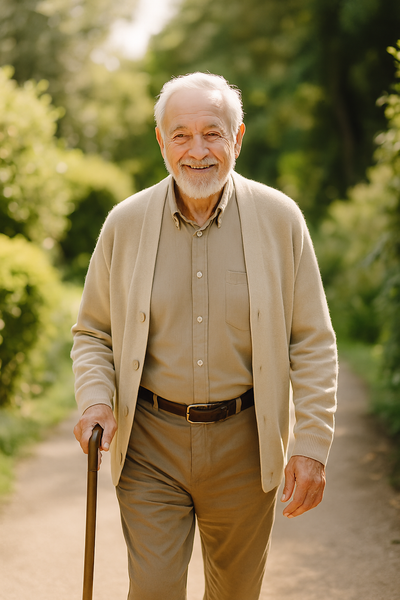 An elderly man walking confidently in a sunlit garden, holding a cane but smiling gently, dressed in light beige and earth-tone clothes. Realistic style, natural lighting.