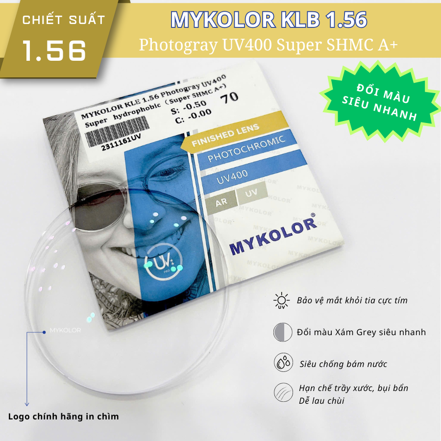 Tròng Kính MYKOLOR KLB 1.56 Photogray UV400 – Đổi Màu Xám Siêu Nhanh, Bảo Vệ Toàn Diện