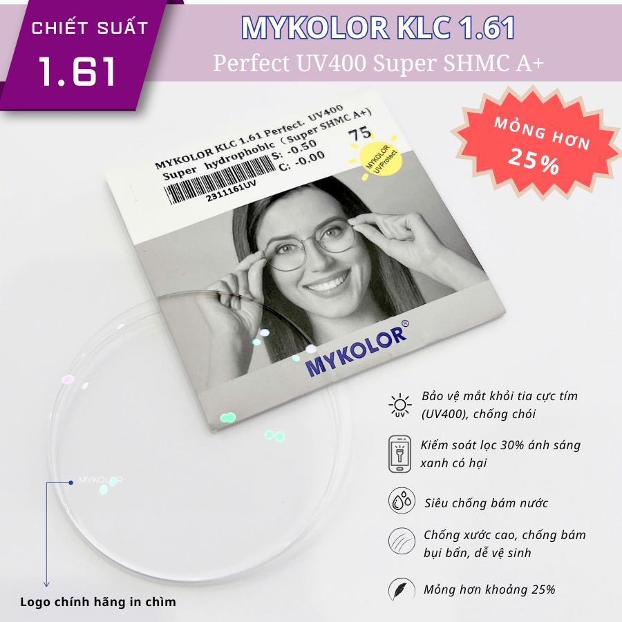 Tròng kính Mykolor KLC 1.61 Perfect.UV400 – Bảo vệ toàn diện, chuẩn y khoa