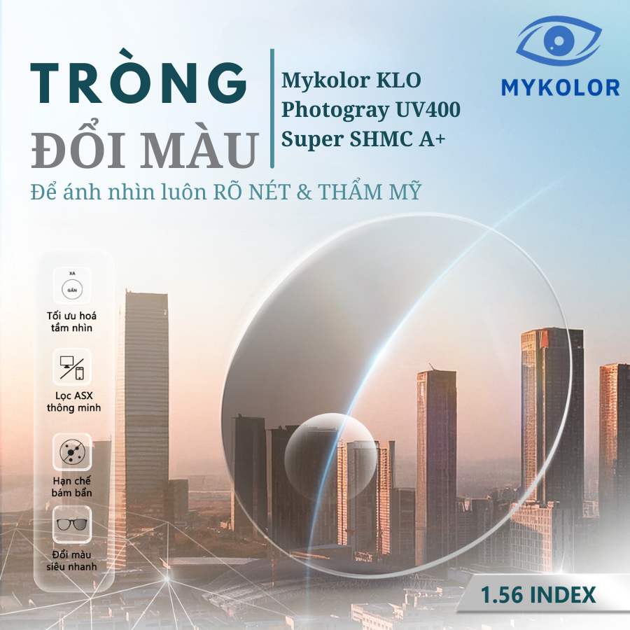 Tròng kính Mykolor KLO 1.56 Photogray UV400 Supper SHMC A+ – Trợ thủ hoàn hảo cho mùa nắng mưa
