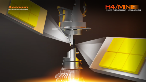 A close-up view of the integrated projector lens and Bi-LED chip inside the AOZOOM MINI H4 bulb.