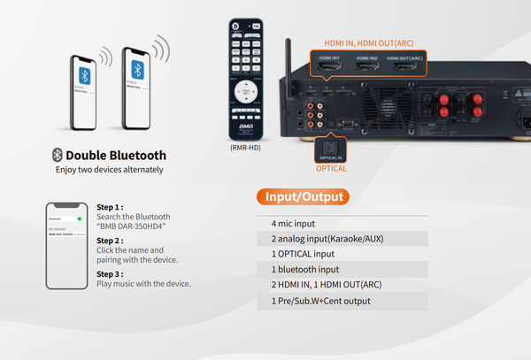 🔊 BMB DAR-350HD2 – Amply Karaoke Công Suất Khủng 350W x2 CH