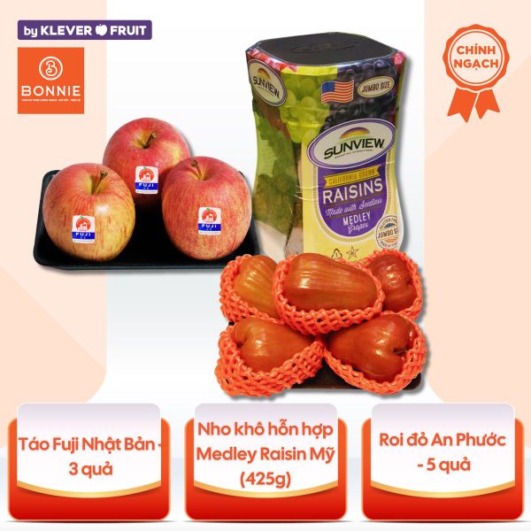 Combo Trái Cây Dinh Dưỡng – Táo Fuji Nhật, Nho Khô Medley Raisin Mỹ, Roi Đỏ An Phước Từ Bonnie Fruit