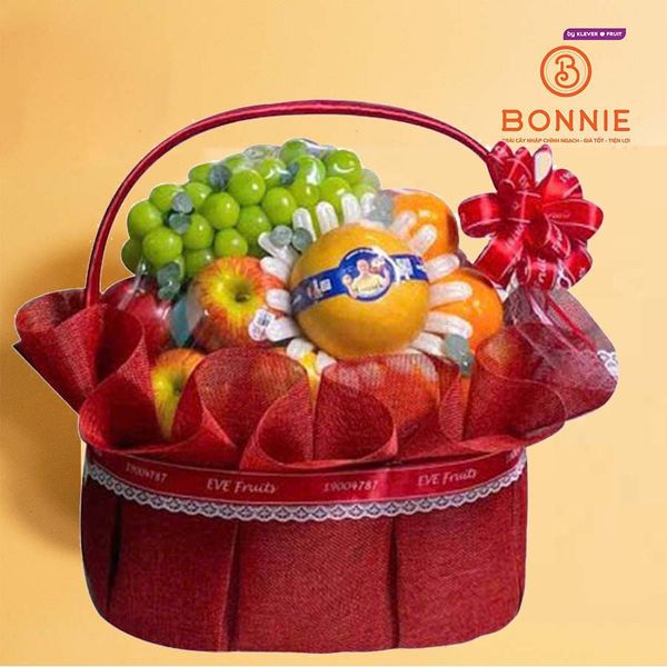 Giỏ Quà Trái Cây Tone Đỏ Cao Cấp – Táo Envy, Quýt Orah, Lê Hàn, Nho Xanh Úc Từ Bonnie Fruit