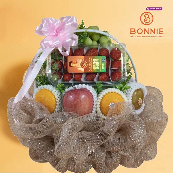 Giỏ Quà Trái Cây Tone Nâu Ánh Kim Cao Cấp   – Táo Fuji, Quýt Orah, Kiwi Vàng, Dâu Hàn, Nho Úc, Bưởi Từ Bonnie Fruit
