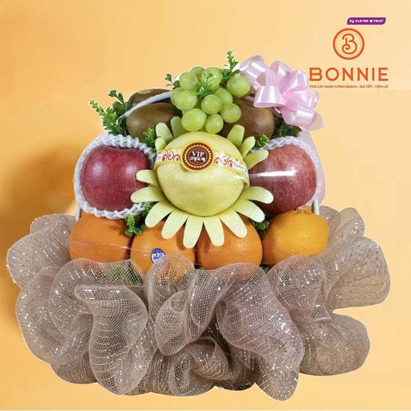 Giỏ Quà Trái Cây Tone Nâu Ánh Kim Thanh Lịch   – Táo Fuji, Cam Kiếng, Kiwi Vàng, Lê Singo, Nho Xanh Úc Từ Bonnie Fruit