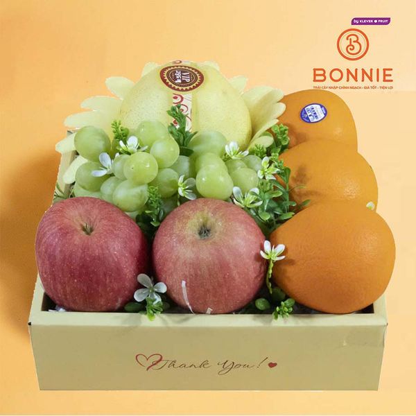 Hộp Quà Trái Cây Tone Cam Cao Cấp: Táo Fuji, Cam, Lê & Nho Úc tại Bonnie Fruit