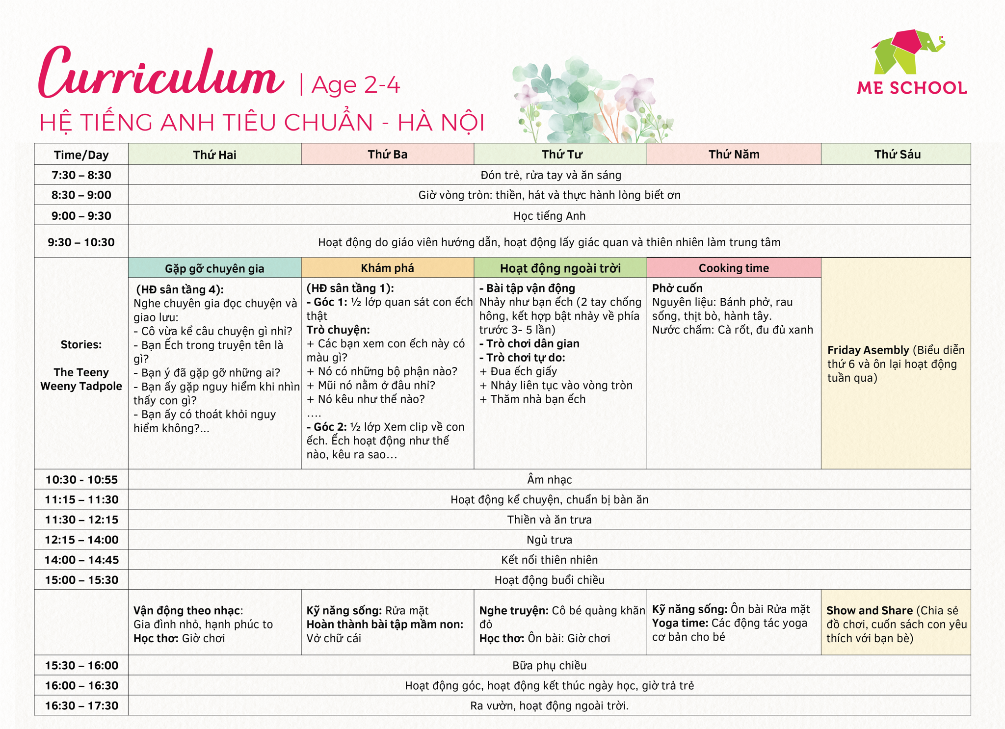 Lịch học mẫu - Hệ Tiếng Anh tiêu chuẩn | ME School - Hà Nội