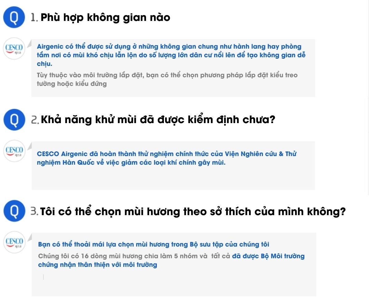 câu hỏi về máy khử mùi, phun hương thơm của cesco airgenic
