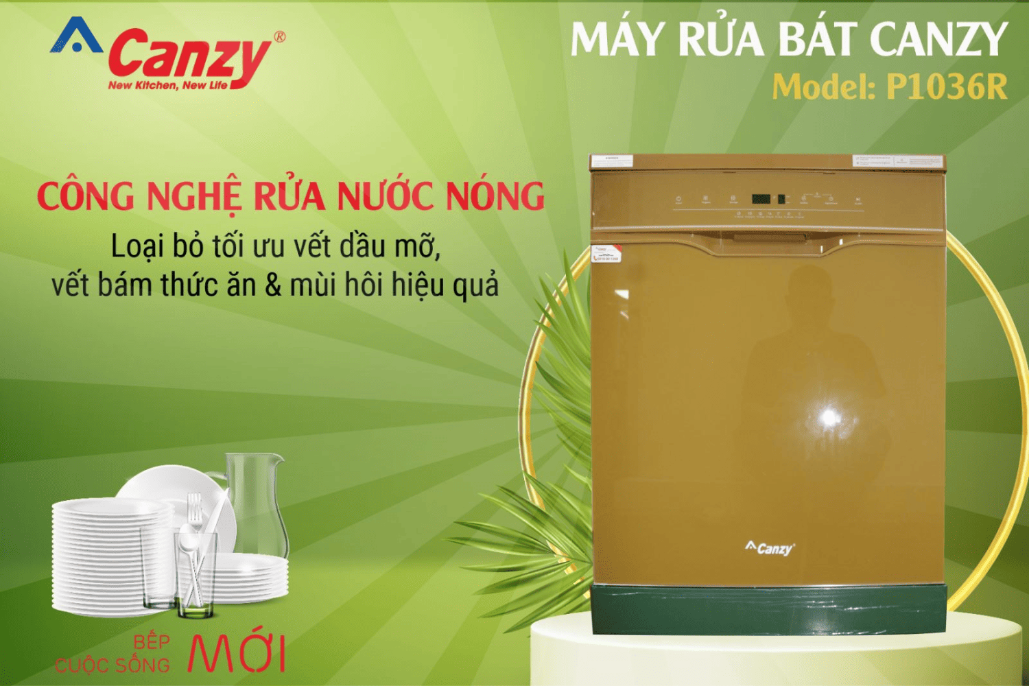 Máy rửa chén Canzy CZ-P1036R trang bị công nghệ rửa nước nóng đánh bay mọi vết bẩn